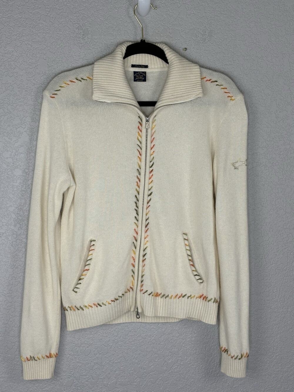 Paul & Shark Yachting Men’s Zip-Up Sweater Cashmere Wool Blend Ivory Size S